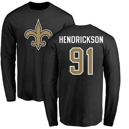 Men New Orleans Saints Black Trey Hendrickson Name and Number Logo NFL Football #91 Long Sleeve T Shirt